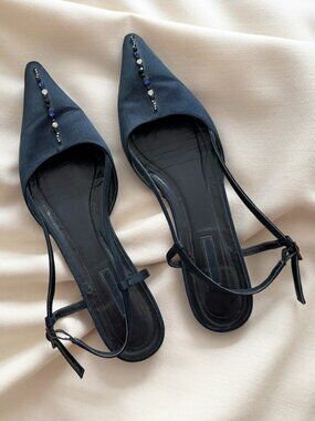 Armani Satin Pointed Toe Flats in Navy, size 39